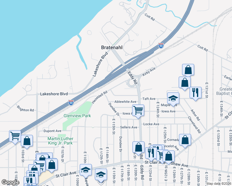 map of restaurants, bars, coffee shops, grocery stores, and more near 11601 Rutland Avenue in Cleveland