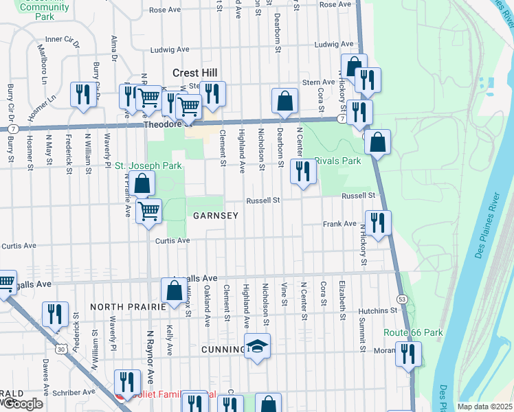 map of restaurants, bars, coffee shops, grocery stores, and more near 500 Russell Street in Joliet