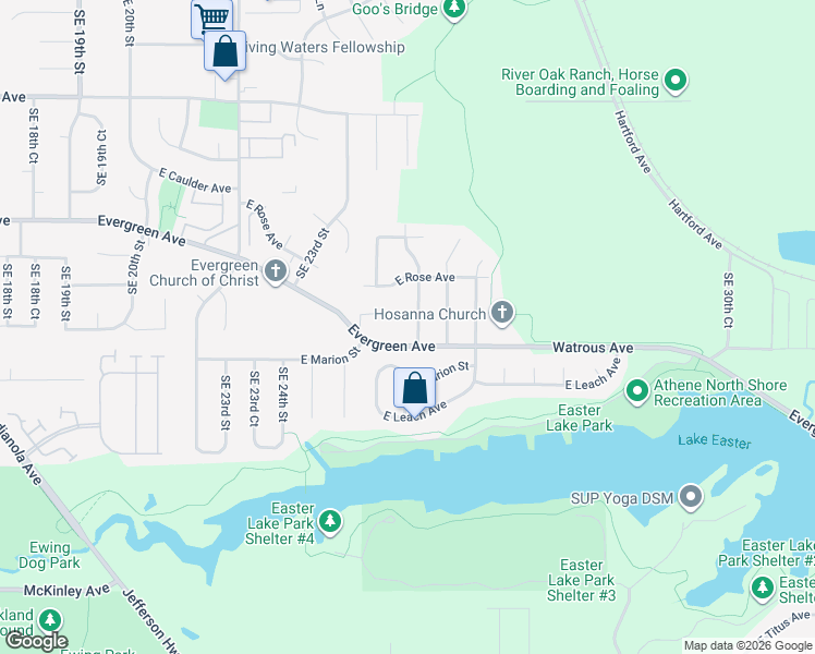 map of restaurants, bars, coffee shops, grocery stores, and more near 2400 Evergreen Avenue in Des Moines