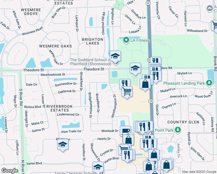 map of restaurants, bars, coffee shops, grocery stores, and more near 1507 Westhampton Drive in Plainfield