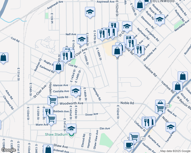 map of restaurants, bars, coffee shops, grocery stores, and more near 1122 East 146th Street in Cleveland