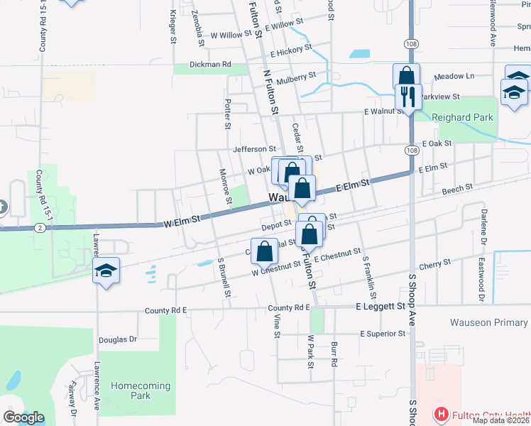 map of restaurants, bars, coffee shops, grocery stores, and more near 137 Clinton Street in Wauseon