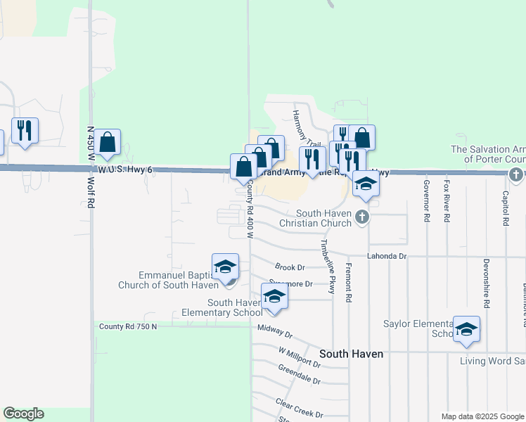 map of restaurants, bars, coffee shops, grocery stores, and more near 398 Raritan Drive in Valparaiso