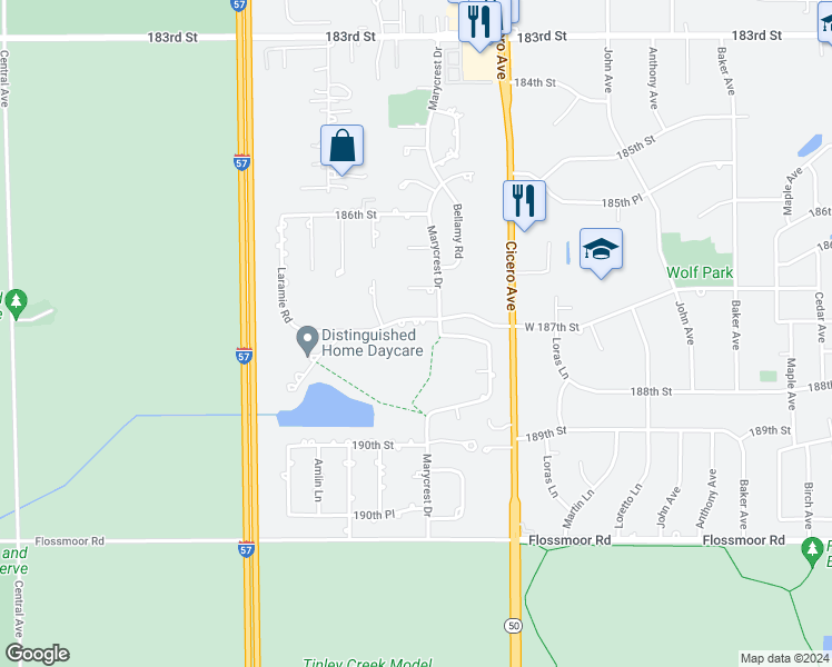 map of restaurants, bars, coffee shops, grocery stores, and more near 4925 West 187th Street in Country Club Hills
