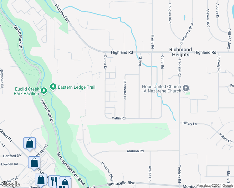 map of restaurants, bars, coffee shops, grocery stores, and more near 567 Bartow Lane in Richmond Heights