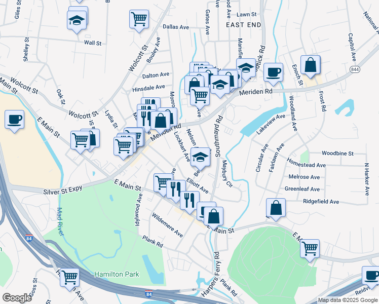 map of restaurants, bars, coffee shops, grocery stores, and more near 167 Edson Avenue in Waterbury
