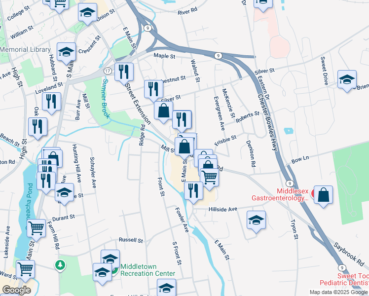map of restaurants, bars, coffee shops, grocery stores, and more near 12 Saybrook Road in Middletown