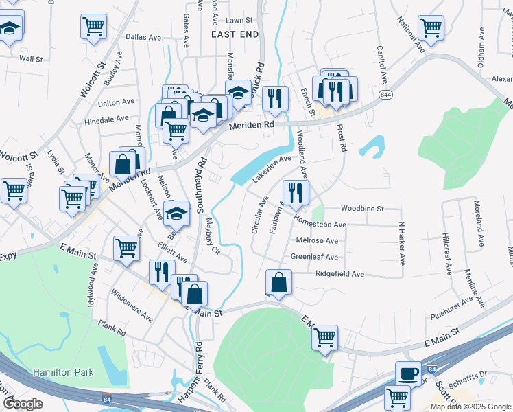map of restaurants, bars, coffee shops, grocery stores, and more near 175 Circular Avenue in Waterbury