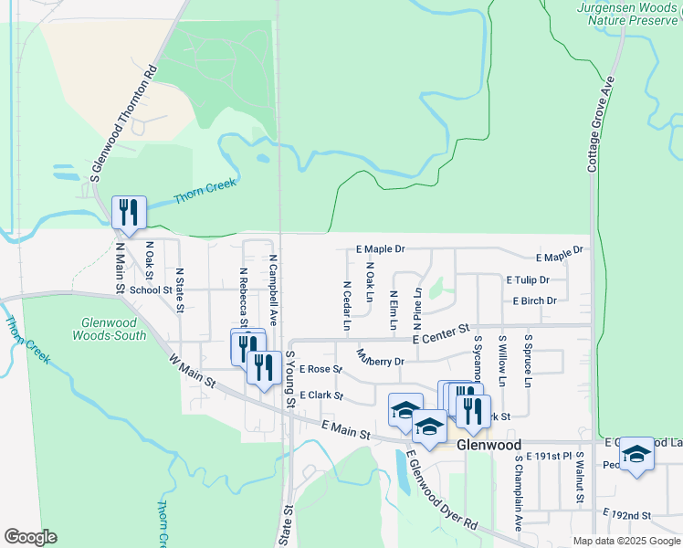 map of restaurants, bars, coffee shops, grocery stores, and more near 116 North Cedar Lane in Glenwood