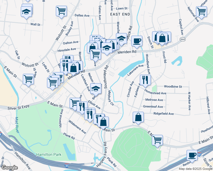 map of restaurants, bars, coffee shops, grocery stores, and more near 176 Southmayd Road in Waterbury