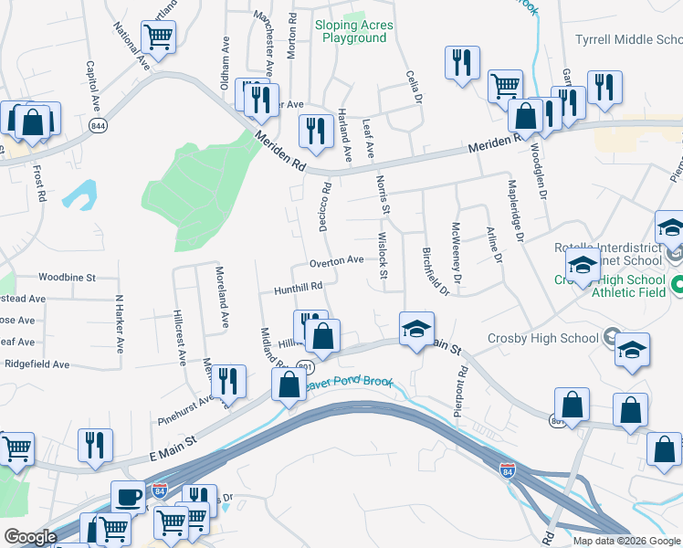 map of restaurants, bars, coffee shops, grocery stores, and more near 173 Decicco Road in Waterbury