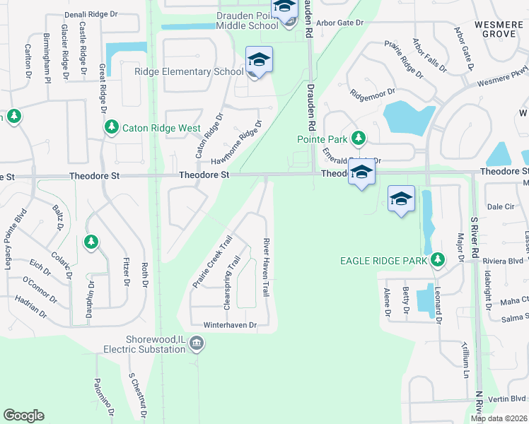 map of restaurants, bars, coffee shops, grocery stores, and more near 1500 River Haven Trail in Joliet