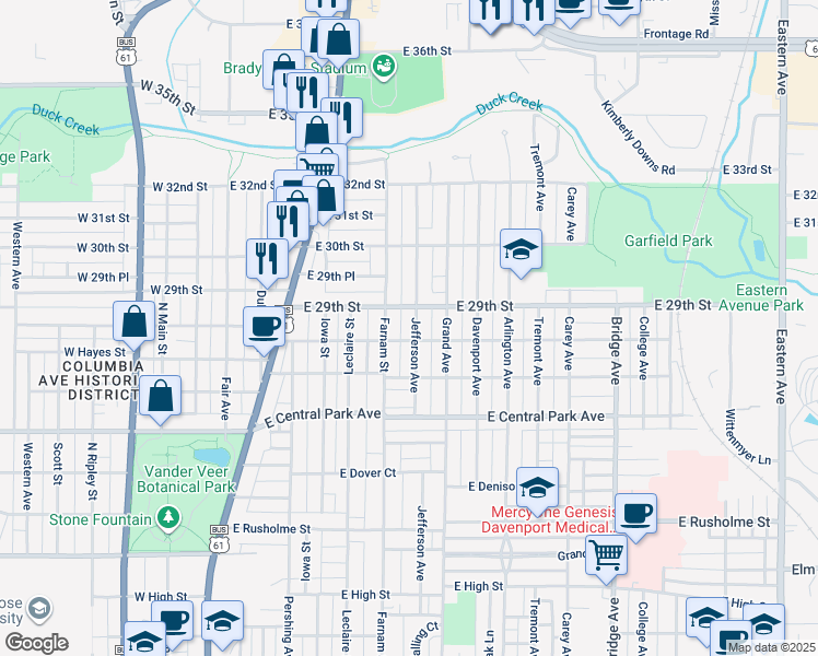 map of restaurants, bars, coffee shops, grocery stores, and more near 2816 Jefferson Avenue in Davenport