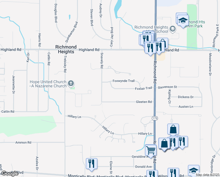 map of restaurants, bars, coffee shops, grocery stores, and more near 4840 Foxlair Trail in Cleveland