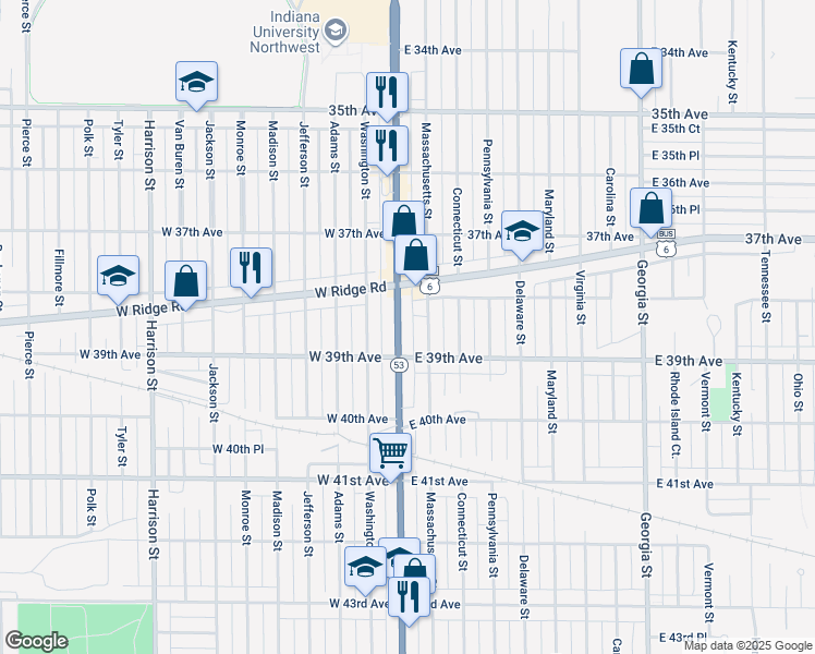 map of restaurants, bars, coffee shops, grocery stores, and more near 3855-3857 Broadway in Gary