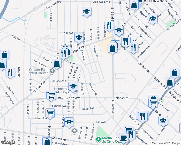 map of restaurants, bars, coffee shops, grocery stores, and more near 1122 East 146th Street in Cleveland
