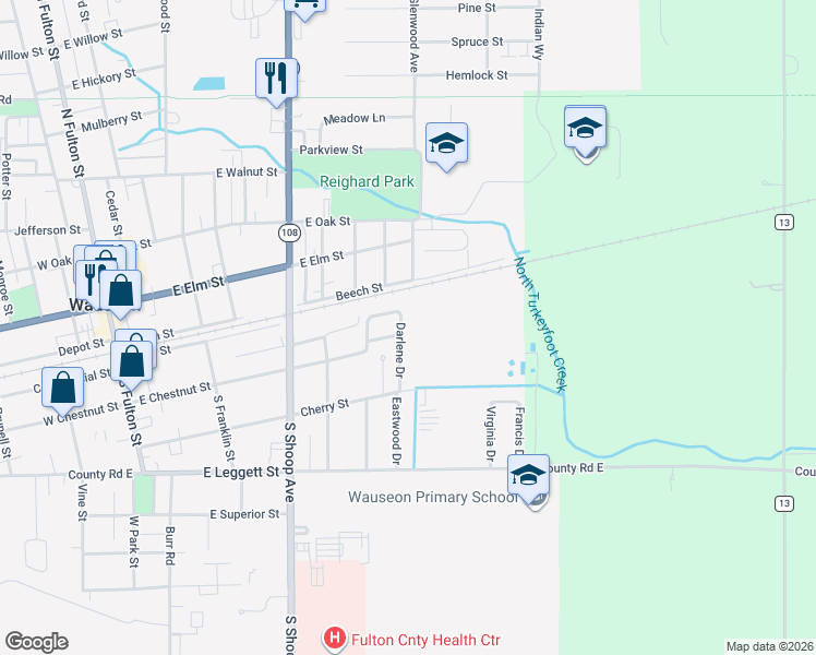 map of restaurants, bars, coffee shops, grocery stores, and more near 165 Darlene Drive in Wauseon