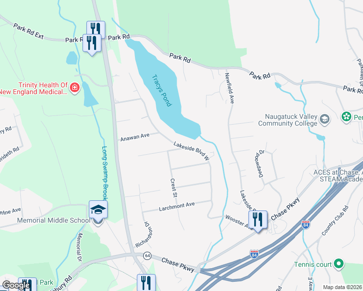 map of restaurants, bars, coffee shops, grocery stores, and more near 455 Lakeside Boulevard West in Waterbury