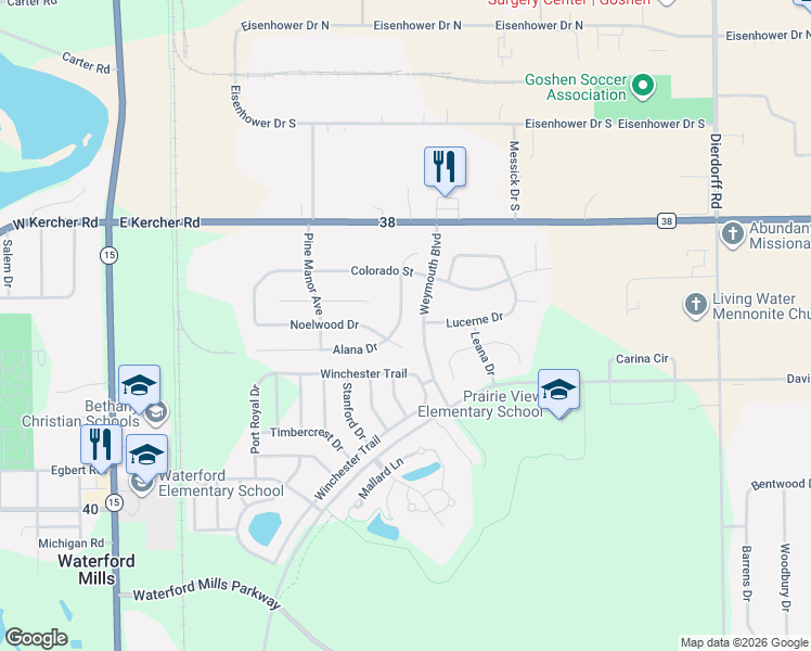 map of restaurants, bars, coffee shops, grocery stores, and more near 2728 Lismore Drive in Goshen