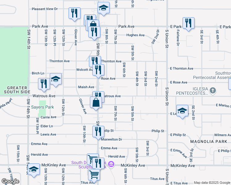 map of restaurants, bars, coffee shops, grocery stores, and more near 715 Watrous Avenue in Des Moines