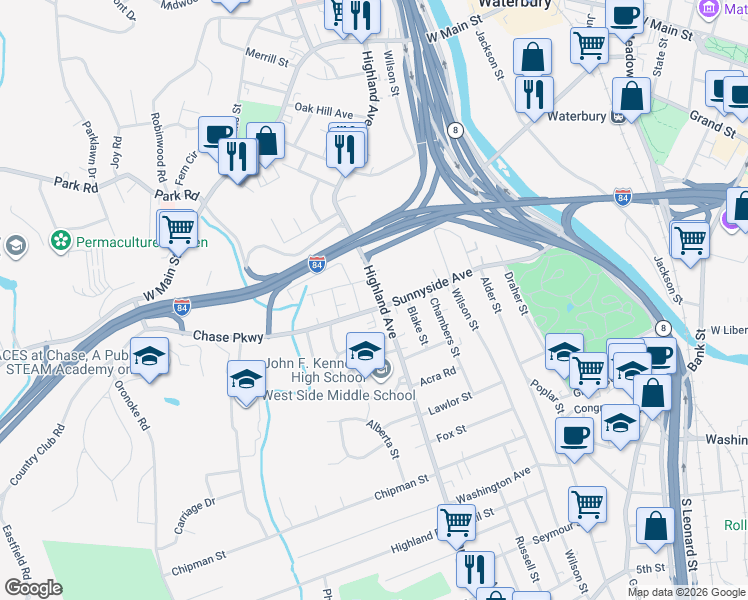 map of restaurants, bars, coffee shops, grocery stores, and more near 326 Highland Avenue in Waterbury
