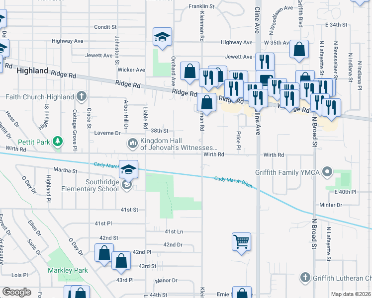 map of restaurants, bars, coffee shops, grocery stores, and more near 3747 Wirth Road in Highland
