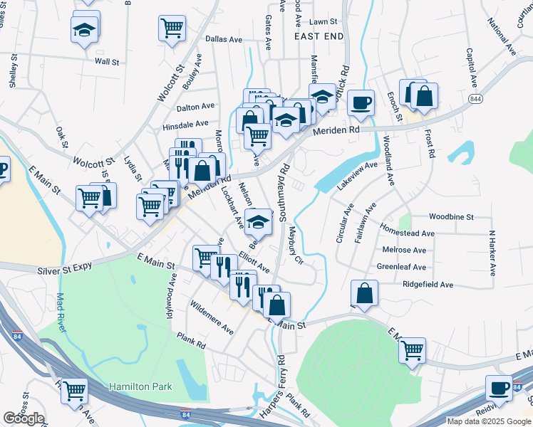 map of restaurants, bars, coffee shops, grocery stores, and more near 195 Beecher Avenue in Waterbury
