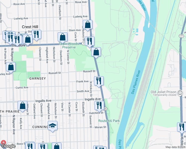 map of restaurants, bars, coffee shops, grocery stores, and more near 1315 North Broadway Street in Joliet