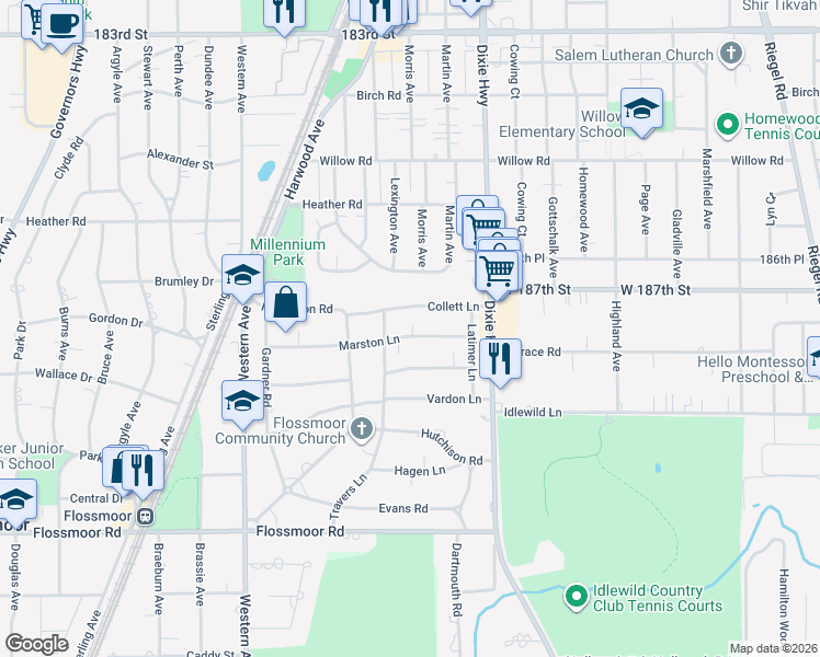 map of restaurants, bars, coffee shops, grocery stores, and more near 2117 Marston Lane in Flossmoor