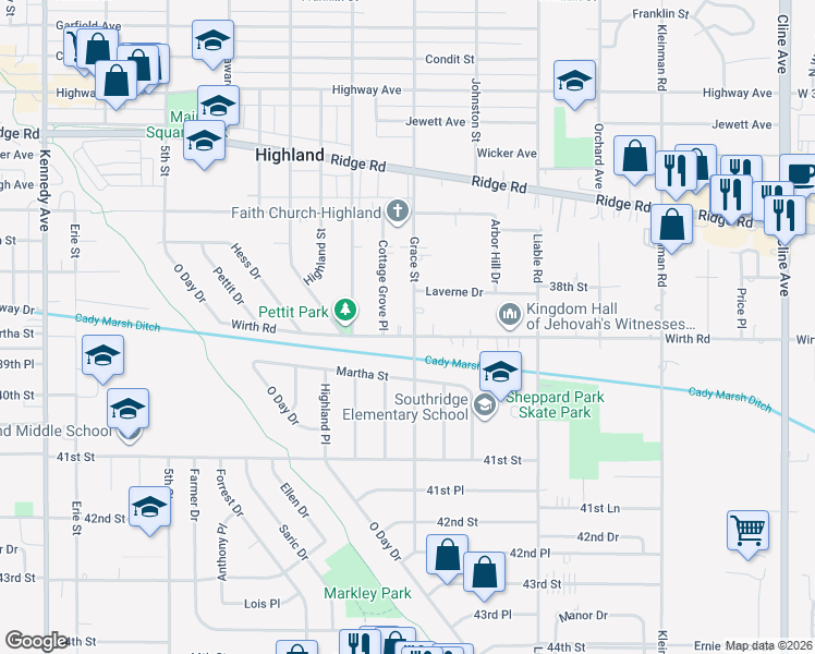 map of restaurants, bars, coffee shops, grocery stores, and more near 9031-9099 Grace St in Highland