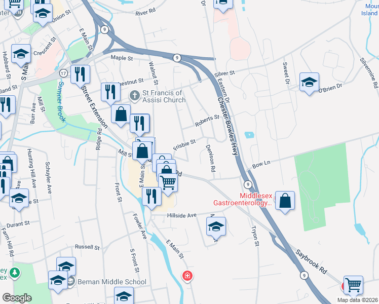 map of restaurants, bars, coffee shops, grocery stores, and more near 148 Evergreen Circle in Middletown