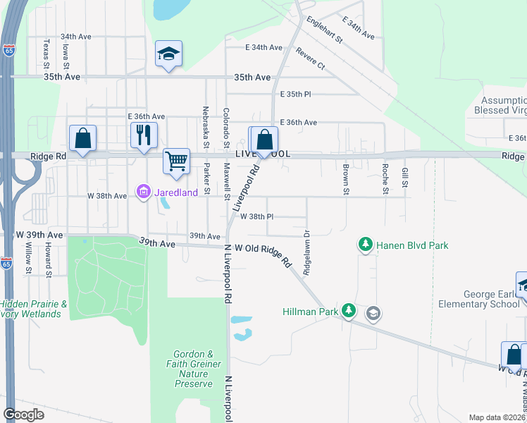 map of restaurants, bars, coffee shops, grocery stores, and more near 3000 W 38th Pl in Hobart