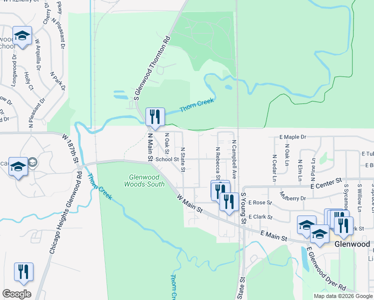 map of restaurants, bars, coffee shops, grocery stores, and more near 115 North State Street in Glenwood