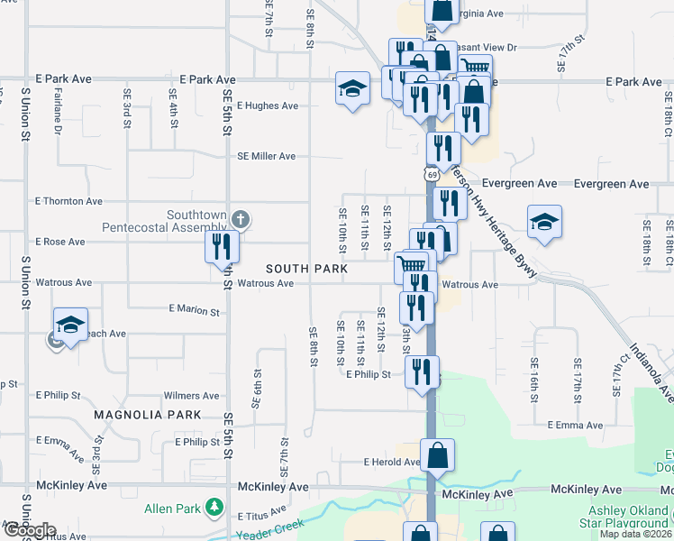 map of restaurants, bars, coffee shops, grocery stores, and more near 3804 Southeast 10th Street in Des Moines