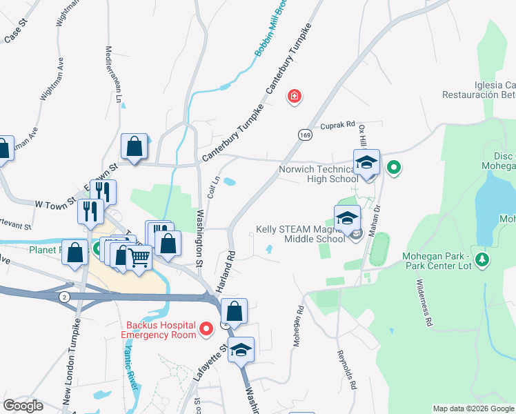 map of restaurants, bars, coffee shops, grocery stores, and more near 129 Harland Road in Norwich