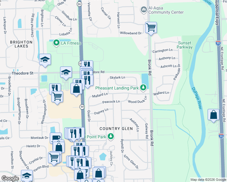 map of restaurants, bars, coffee shops, grocery stores, and more near 4605 Mallard Lane in Plainfield