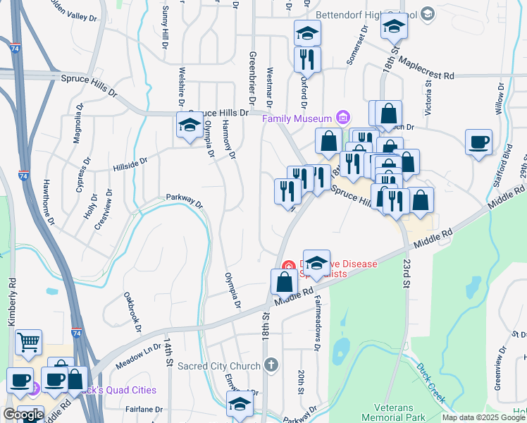 map of restaurants, bars, coffee shops, grocery stores, and more near 2515 Avalon Drive in Bettendorf
