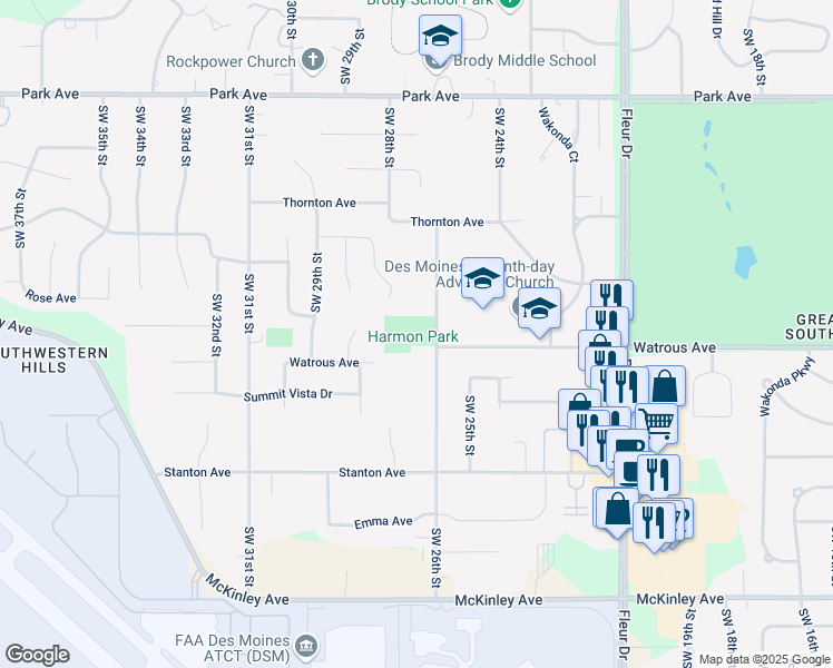 map of restaurants, bars, coffee shops, grocery stores, and more near 3828 Southwest 26th Street in Des Moines