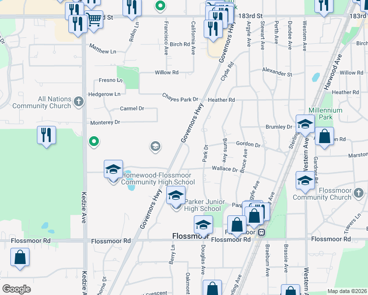 map of restaurants, bars, coffee shops, grocery stores, and more near 740 Braemar Road in Flossmoor