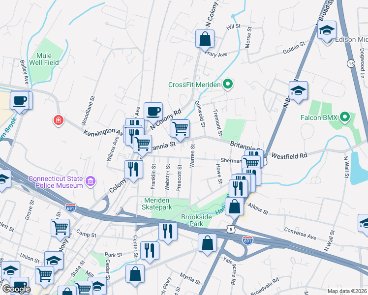map of restaurants, bars, coffee shops, grocery stores, and more near 138 Warren Street in Meriden