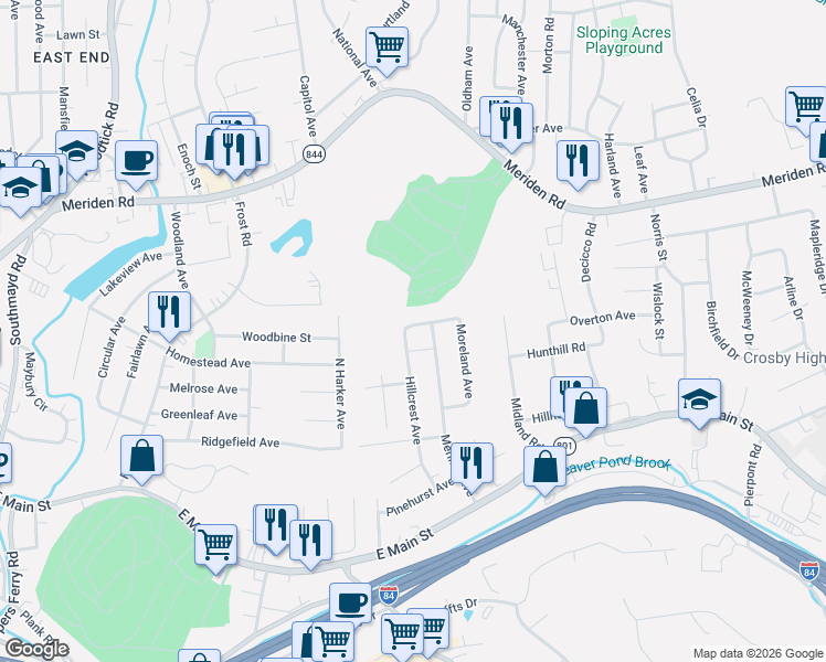 map of restaurants, bars, coffee shops, grocery stores, and more near 92 Rockaway Avenue in Waterbury