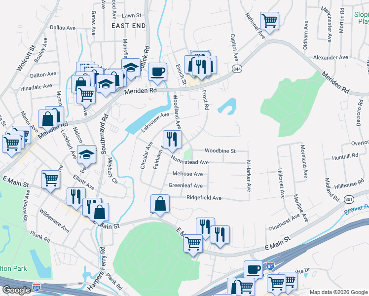 map of restaurants, bars, coffee shops, grocery stores, and more near 248 Frost Road in Waterbury
