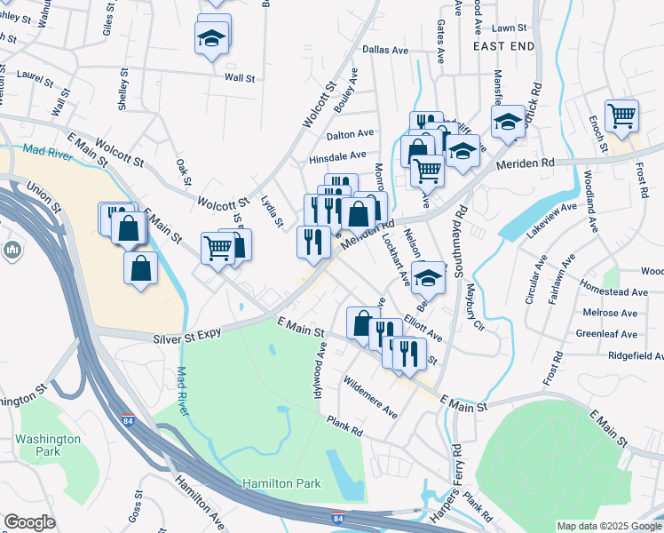 map of restaurants, bars, coffee shops, grocery stores, and more near 77 Meriden Road in Waterbury