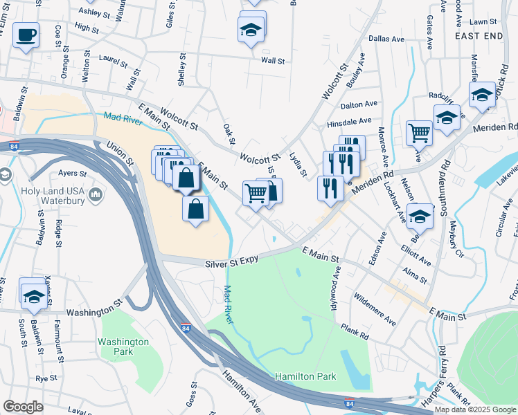 map of restaurants, bars, coffee shops, grocery stores, and more near 1305 East Main Street in Waterbury