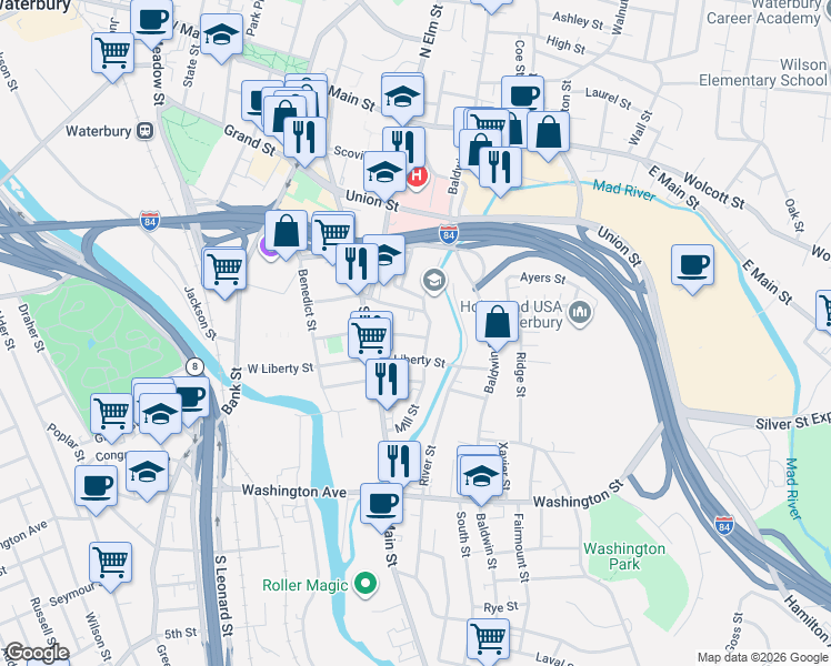 map of restaurants, bars, coffee shops, grocery stores, and more near 71 East Dover Street in Waterbury