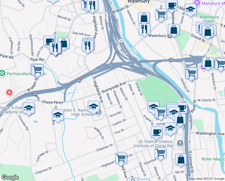 map of restaurants, bars, coffee shops, grocery stores, and more near 15 Chambers Street in Waterbury