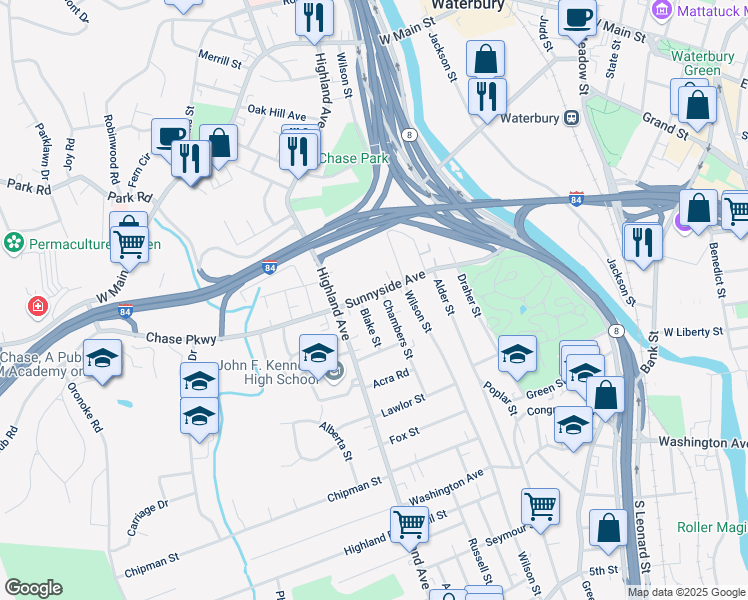 map of restaurants, bars, coffee shops, grocery stores, and more near 173 Sunnyside Avenue in Waterbury
