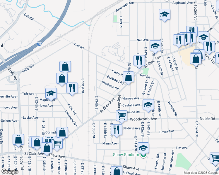 map of restaurants, bars, coffee shops, grocery stores, and more near 13608 Blenheim Road in Cleveland