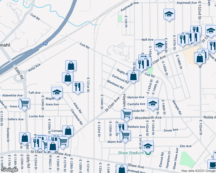 map of restaurants, bars, coffee shops, grocery stores, and more near 13409 Ashburton Road in Cleveland