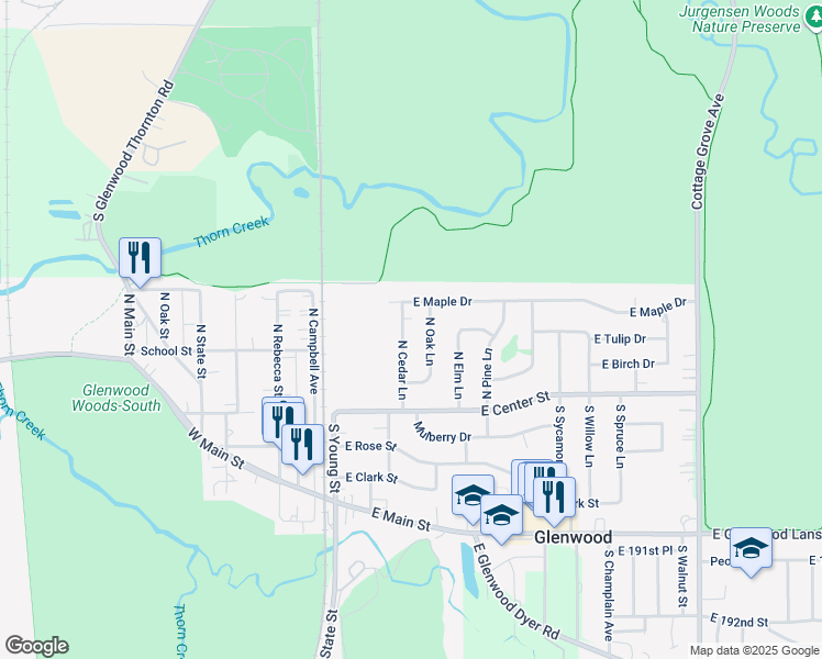 map of restaurants, bars, coffee shops, grocery stores, and more near 116 North Cedar Lane in Glenwood